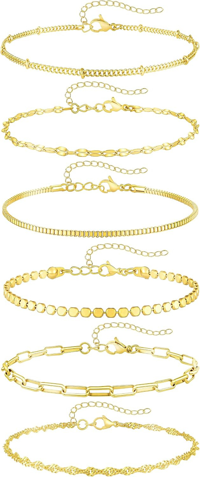 14K Gold Ankle Bracelets for Women, Layered Stackable Anklet Set | 6 Pcs Anklet