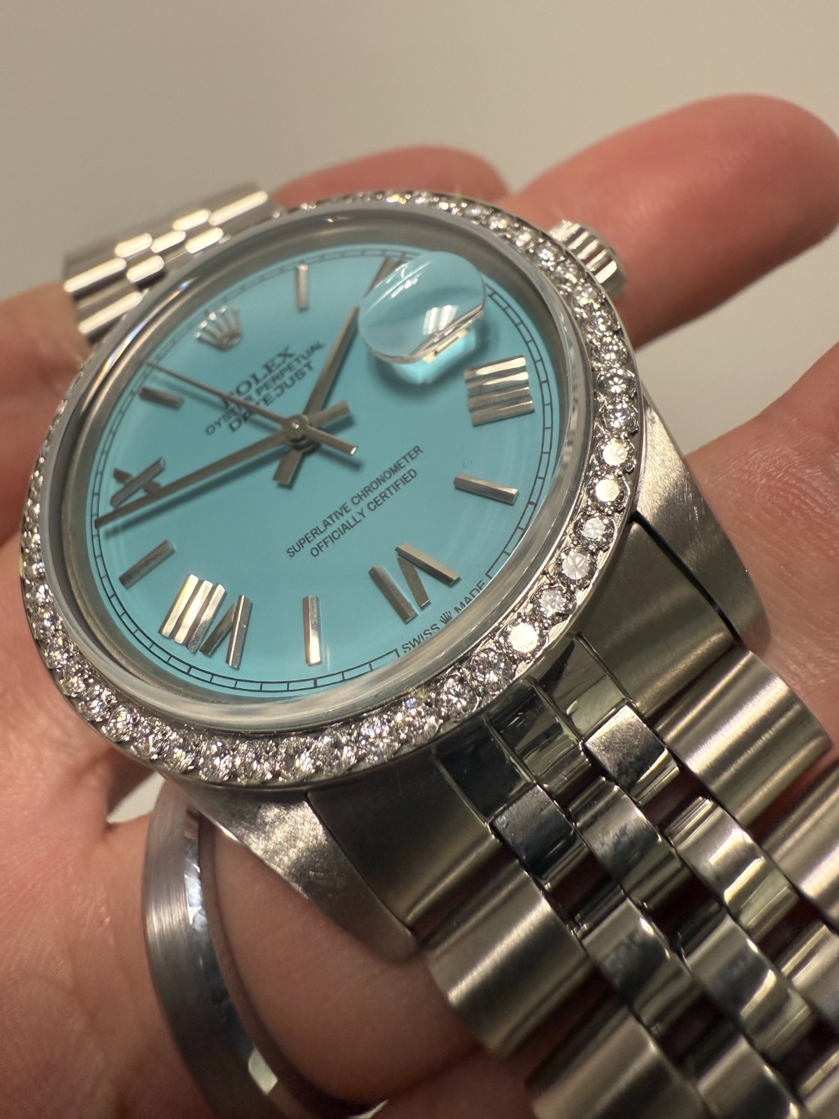 Rolex Mens Datejust Turquoise Roman Numeral Dial Diamond Bezel Jubilee Band