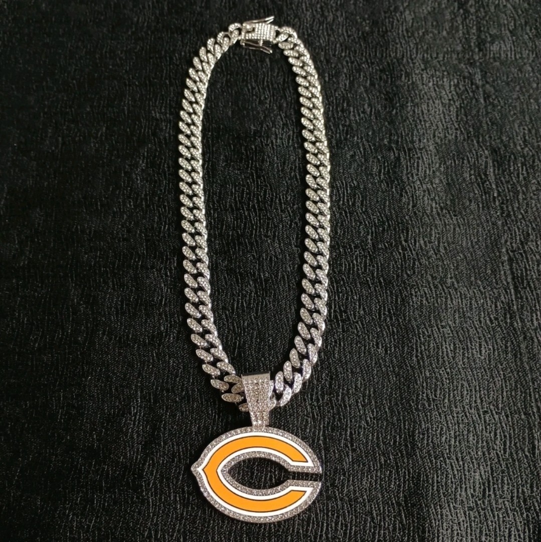 CHICAGO BEARS GEM NECKLACE SILVER BLING NFL Football Pendant & 24″ Chain