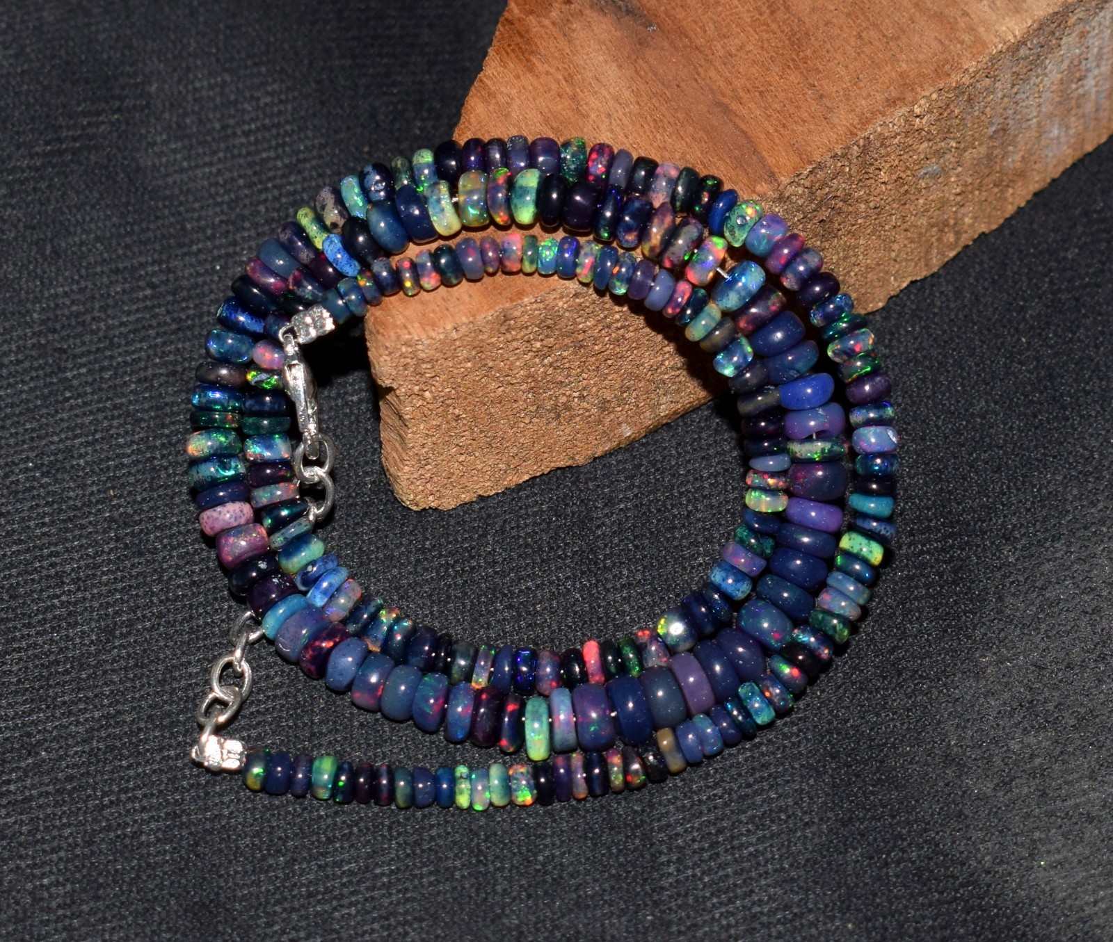 16”Natural Ethiopian Black Opal Welo Fire Opal Gemstone Beads Necklace AF0259