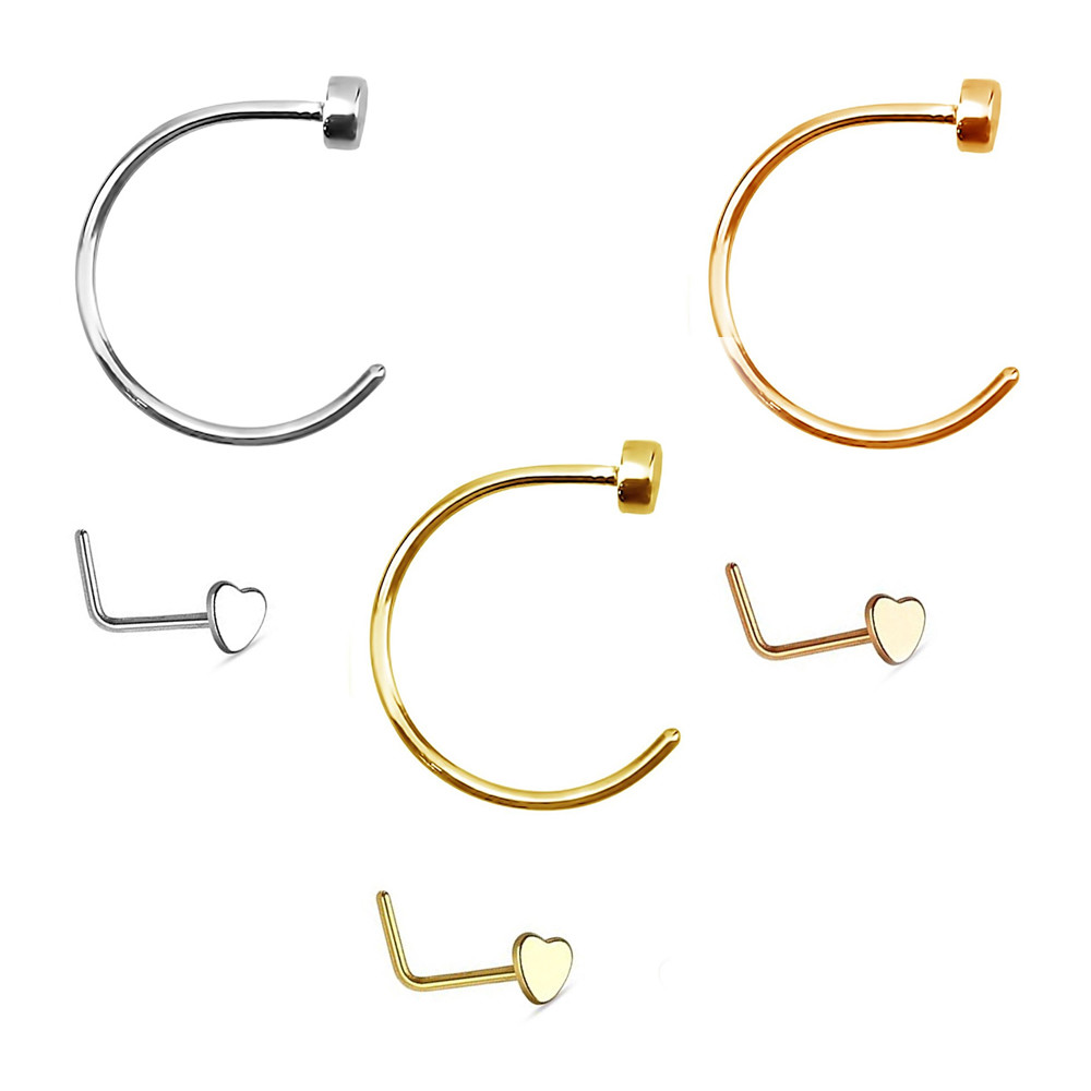 Nose Hoop 5/16 and Stud L-shape with Heart Package of Nose ring jewelry 18g