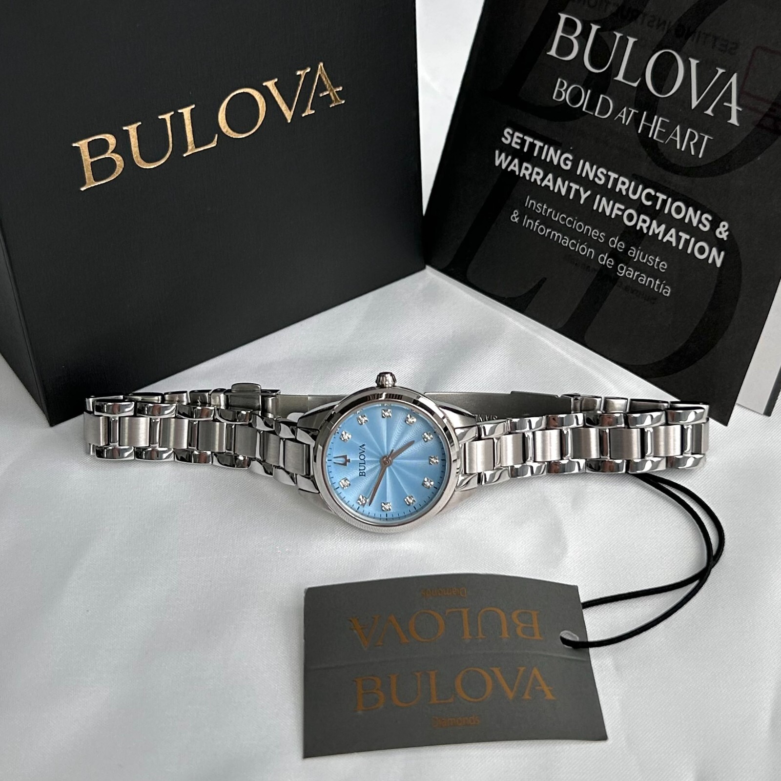 Bulova Sutton Diamond Blue Dial 96P250 Women’s 28mm Quartz Watch-New w/box