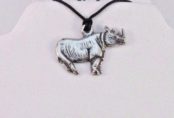 Rhinoceros Rhino Pendant Lead free Safe Pewter 1″ x 1-1/2″ Corded Made in USA