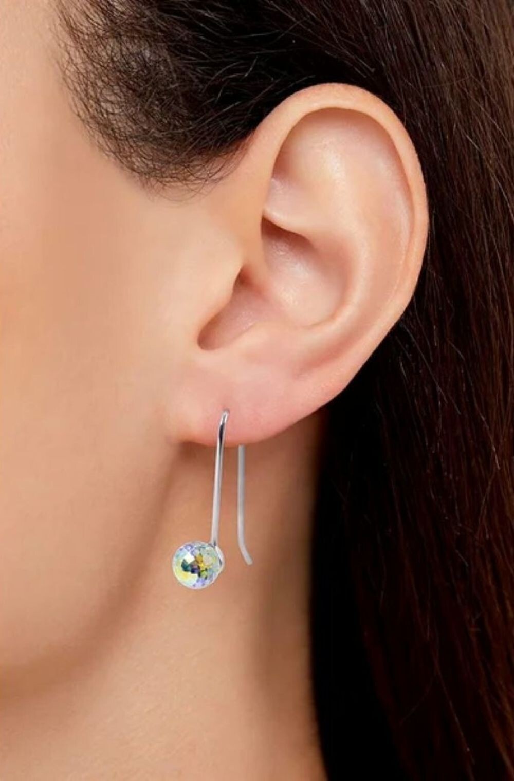 18k White Gold Plated Aurora Borealis 5MM Round Disco Ball Crystal Drop Earrings