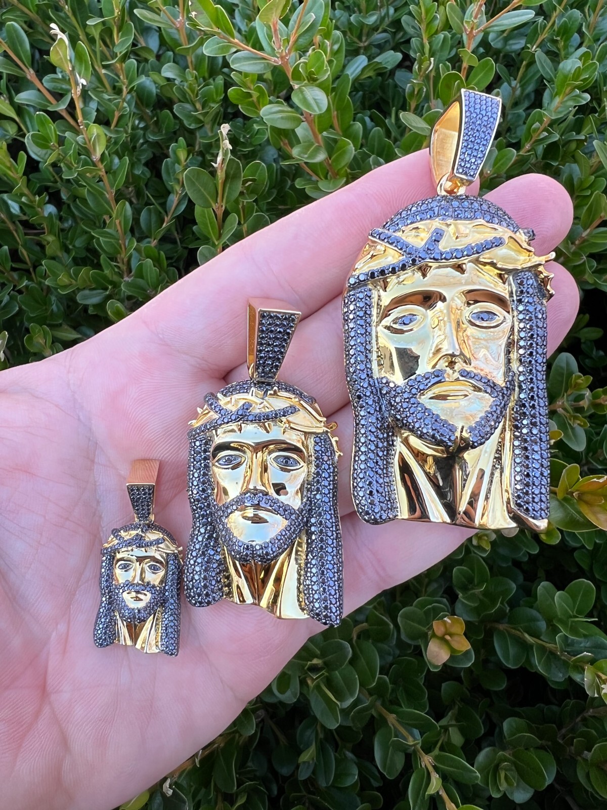 Black MOISSANITE 14k Gold Vermeil 925 Silver Iced Jesus Piece Pendant Necklace