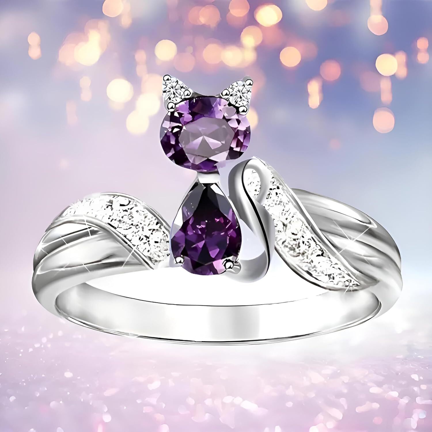 Stainless Steel Purple Crystal Cat Ring with Cubic Zirconia Accents – Glass Ring