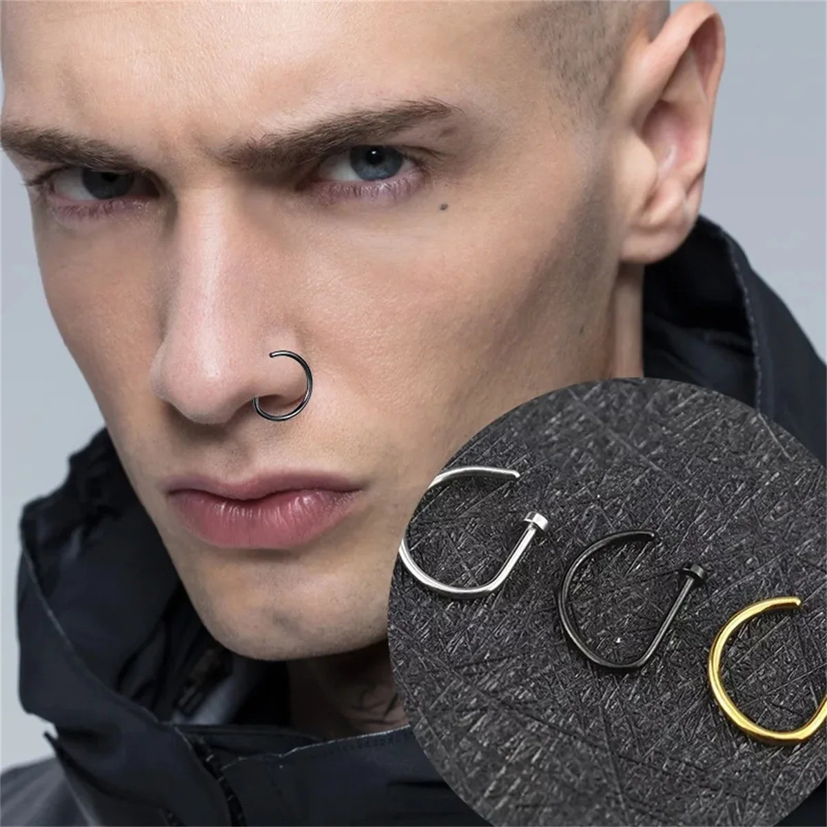 5Pcs Stainless Steel Fake Piercing Nose Ring D-Shape Punk Non Piercing Nose Clip