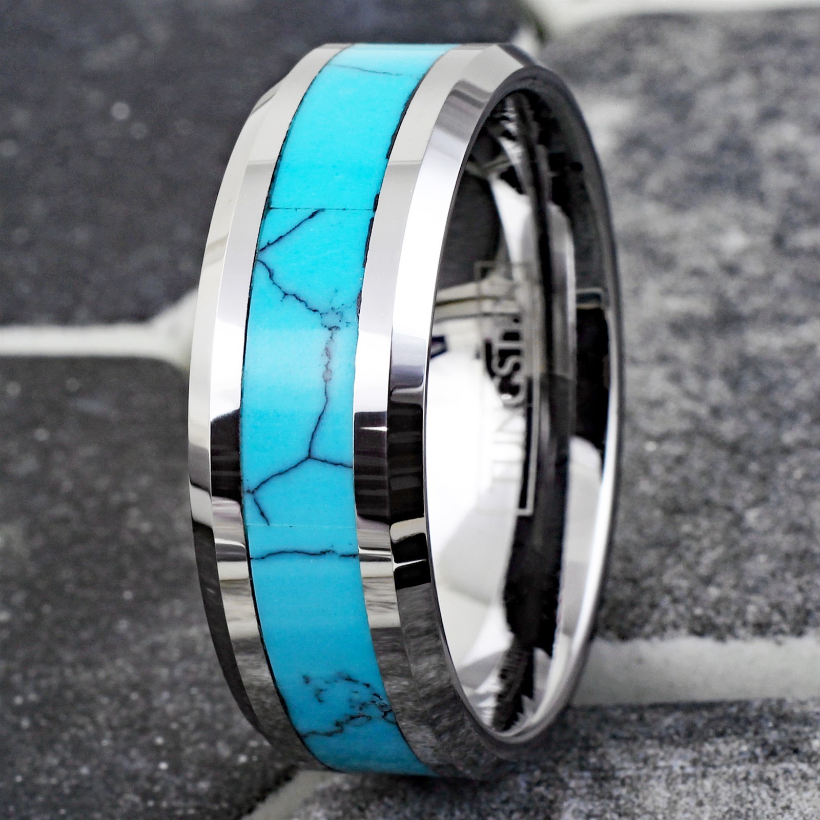 Tungsten Carbide Men’s Turquoise Inlaid Comfort Fit Wedding Band Ring Size 5-13