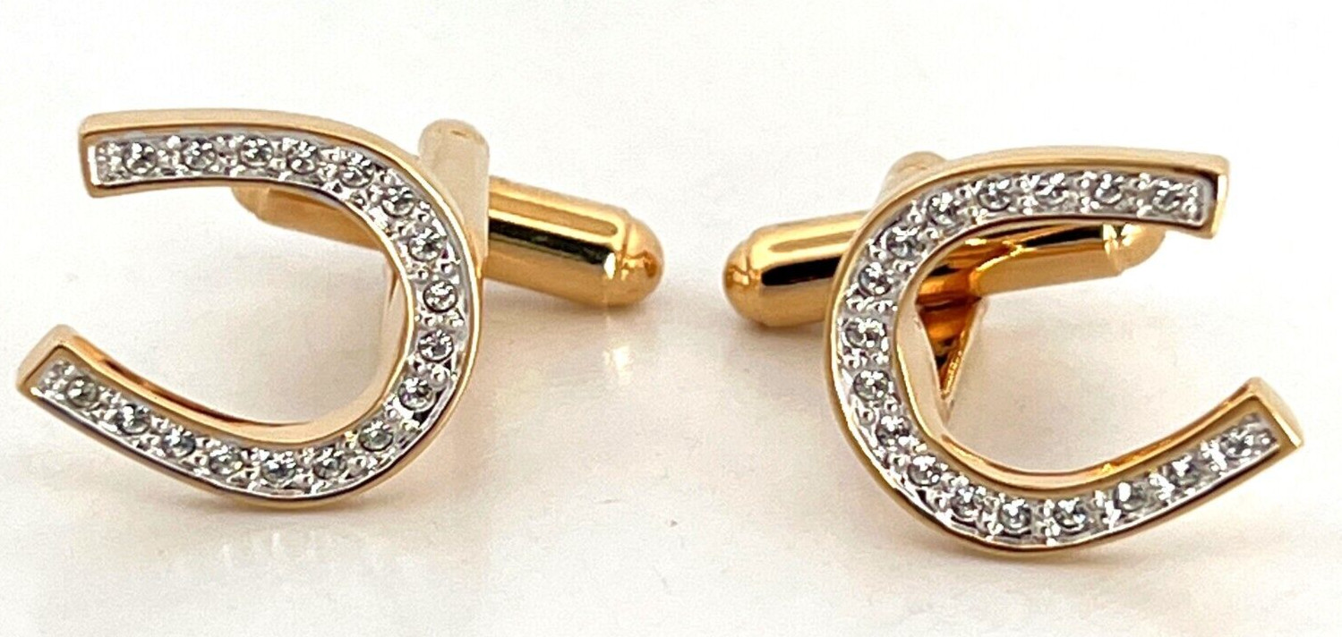 Lucky Horseshoe Cufflinks Gold Plated Metal Alloy Set With Czech Crystals