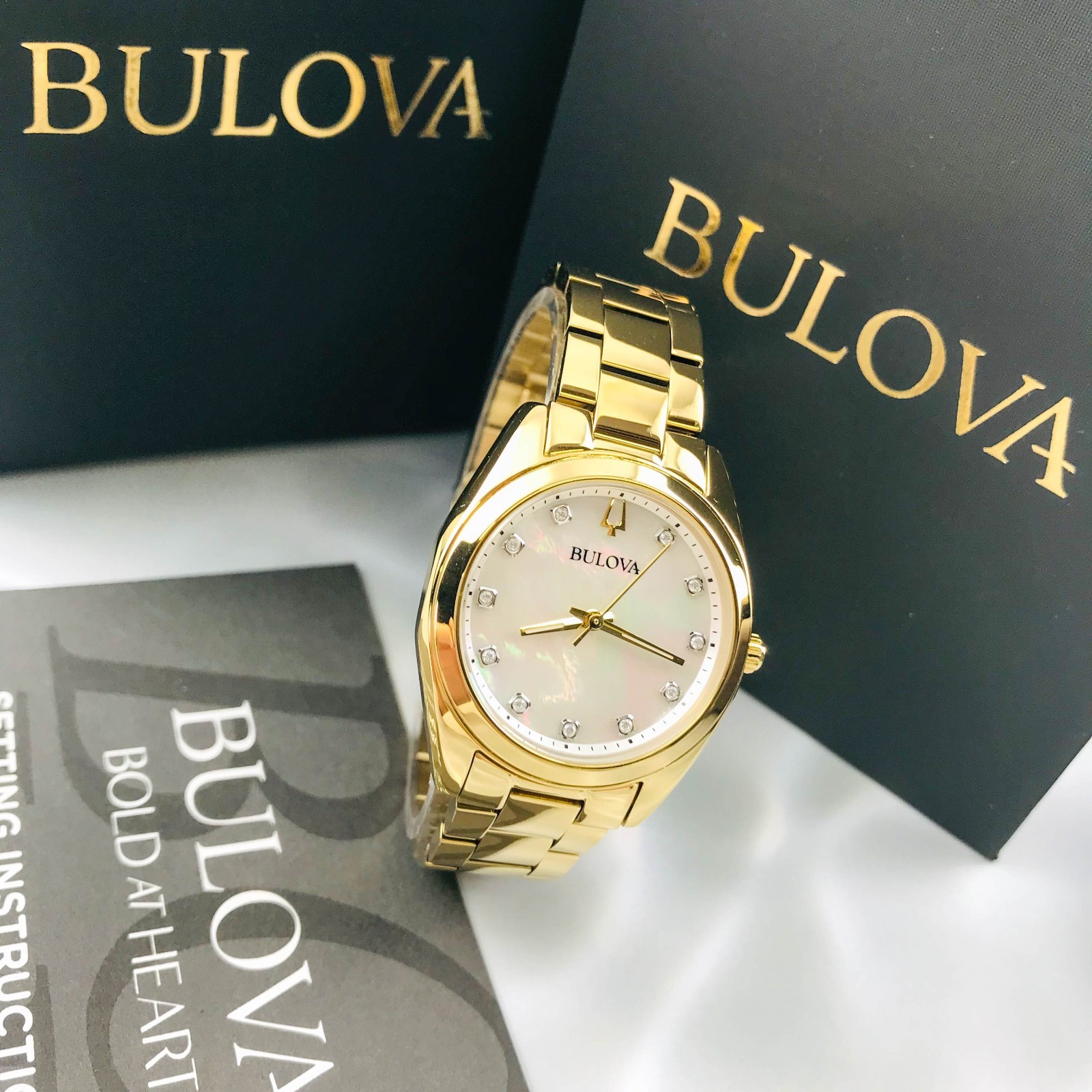 Bulova Women’s Surveyor 97P172 Mother-of-Pearl Diamond Dial Gold-Tone Watch 31mm