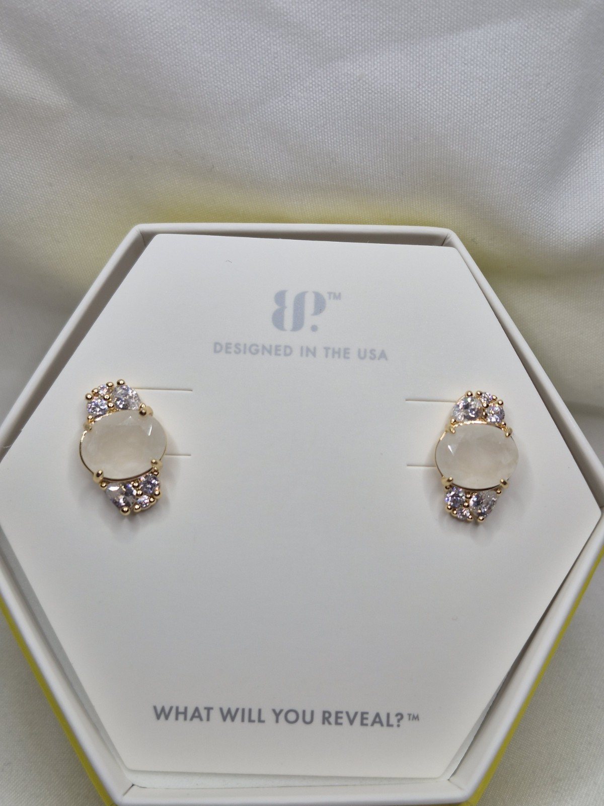 Bomb Party Earrings “Just Say Yes” White Agate/Genuine Quartz On Gold Plating