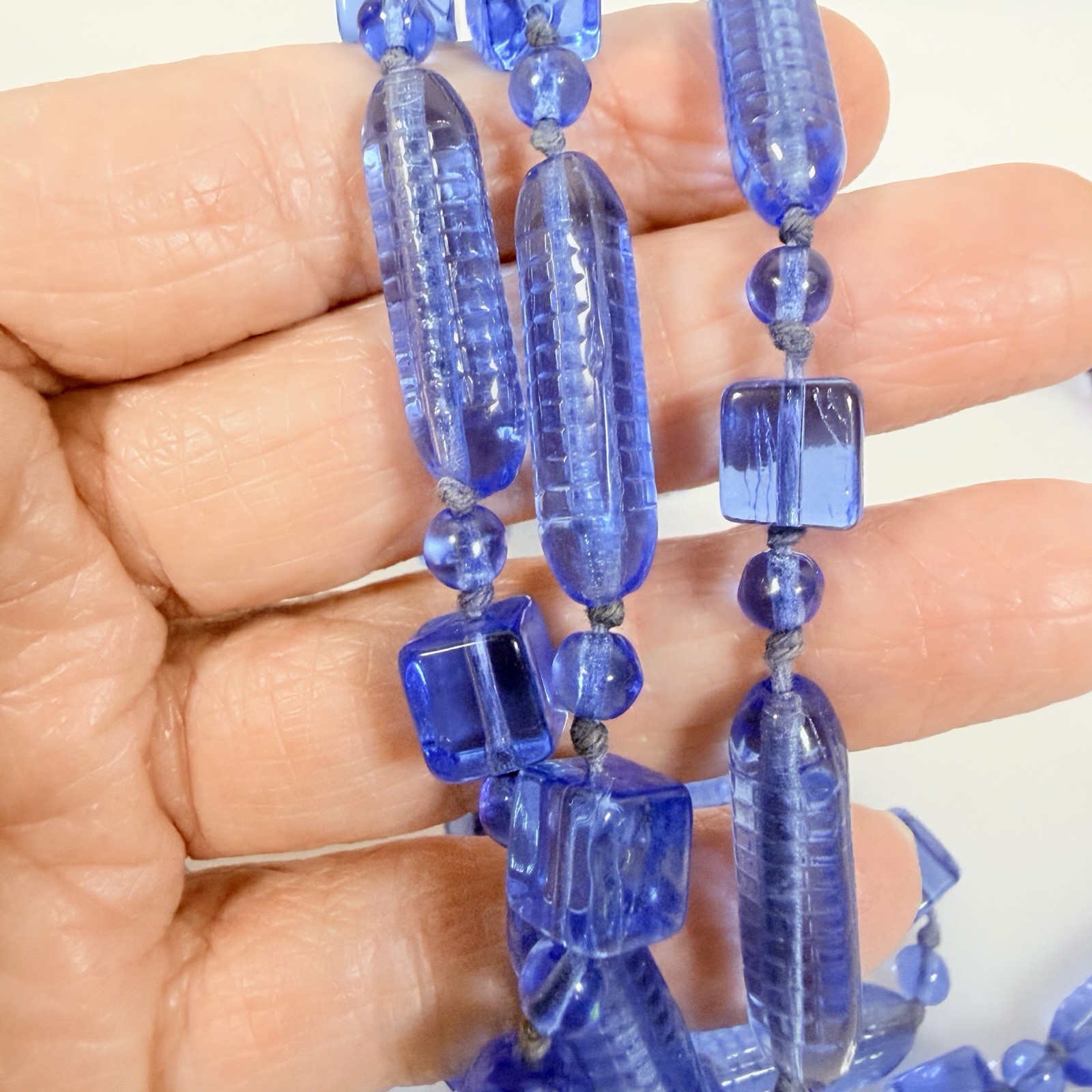 Antique Art Deco Necklace Cobal Blue Tubular Czech Glass Beaded 58″