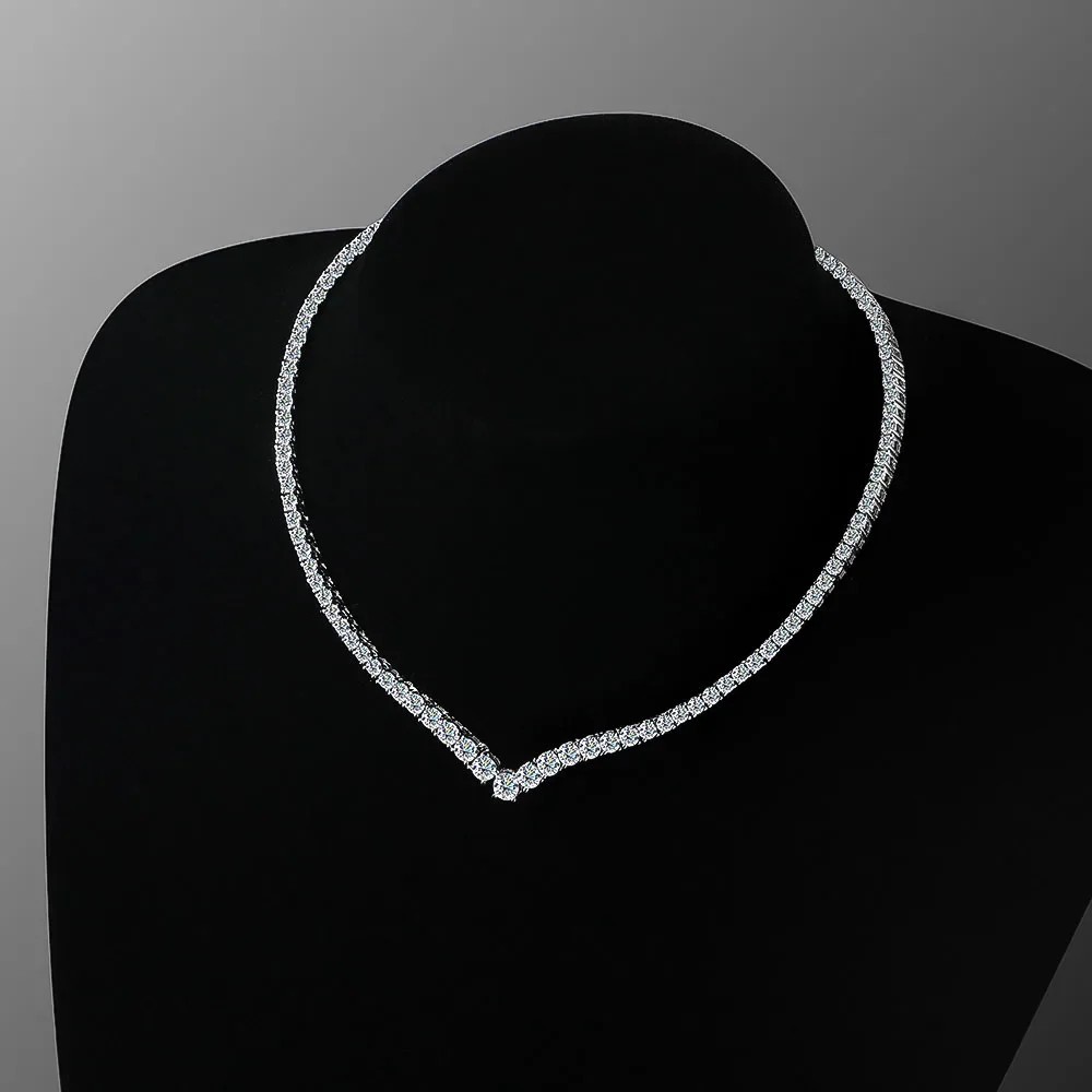 V-shaped All Moissanite Diamond Tennis Necklace with Gra for Women 925 Silver