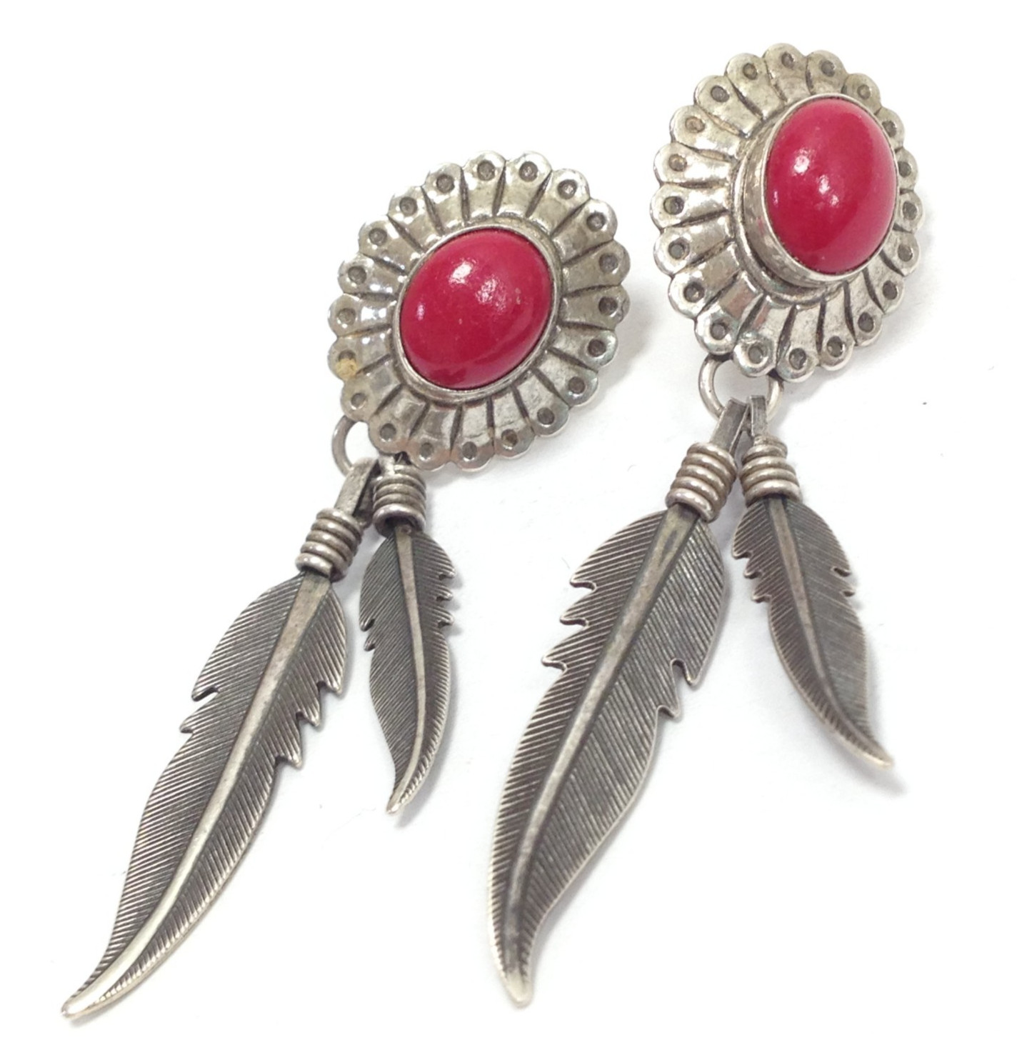Unsigned 925 Sterling Silver Oval Red Coral Double Feather Dangle Drop Earrings