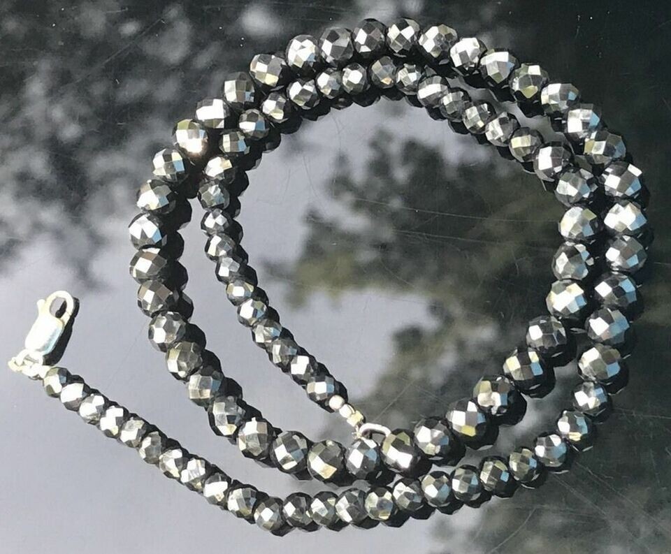 Black Diamond Necklace 4mm Certified Beads Silver 26 Inches Faceted 925