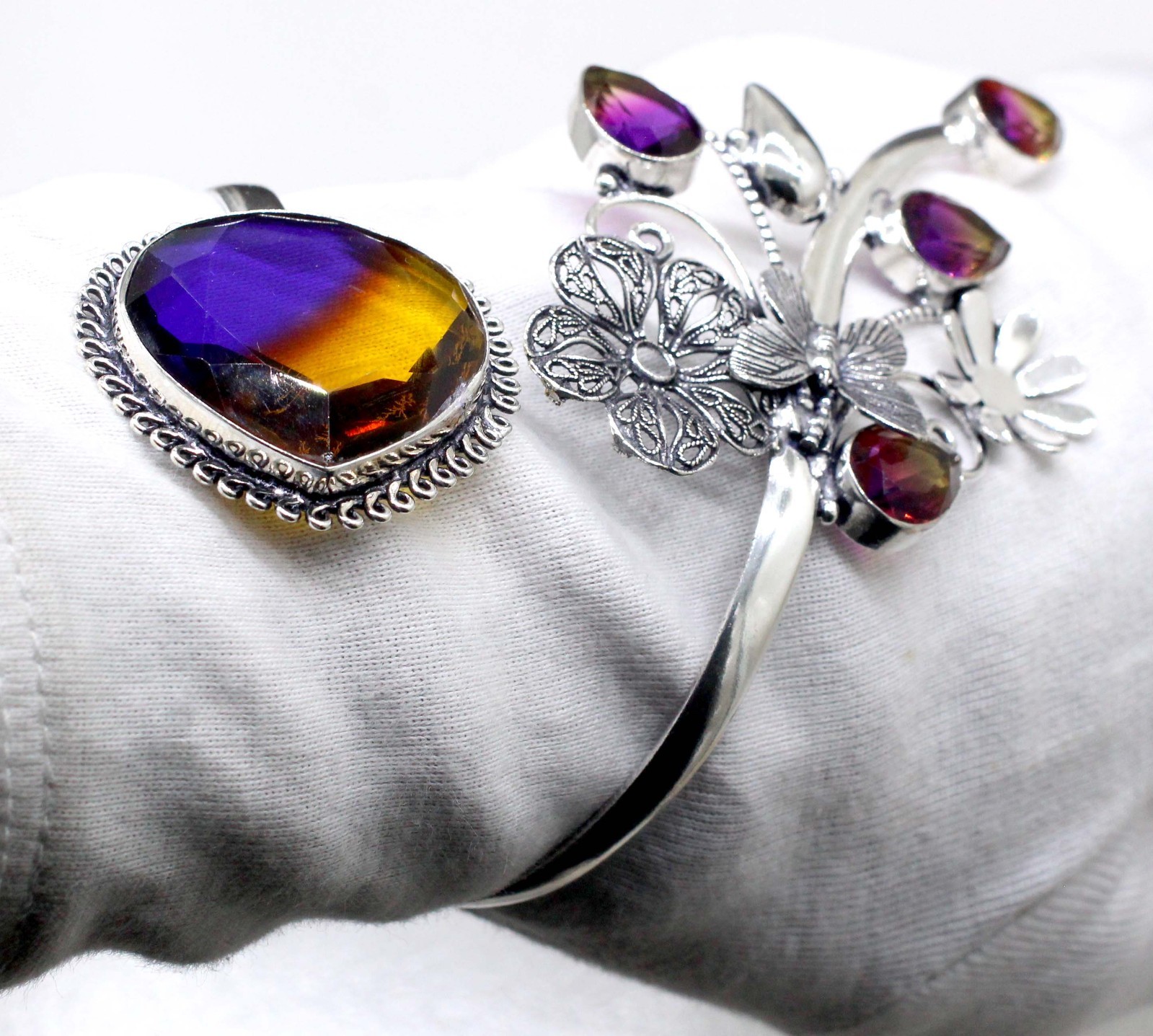 925 Sterling Silver Chrome Bi-Color Ametrine Gemstone Jewelry Cuff Bracelet