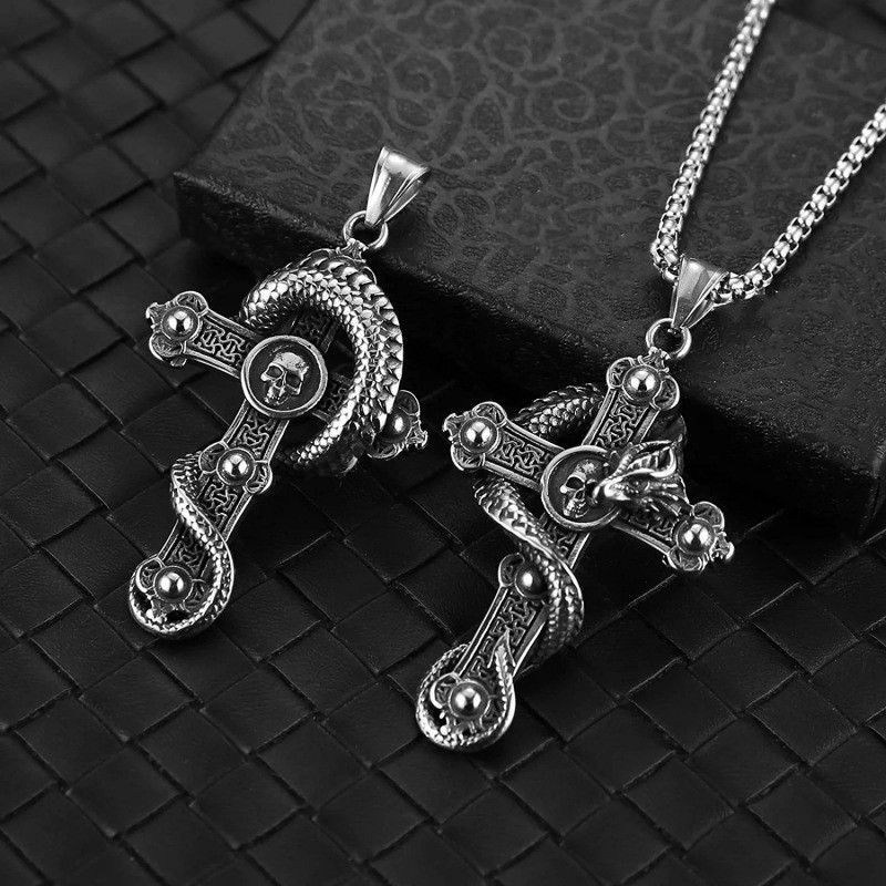 Dragon Wrapped Skull Cross Pendant Vintage Titanium Gothic Punk Necklace For Men