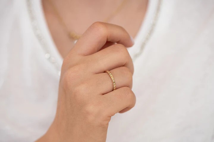 0.87Ct Round Cut Moissanite Eternity Wedding Band Ring In 14K Solid Yellow Gold