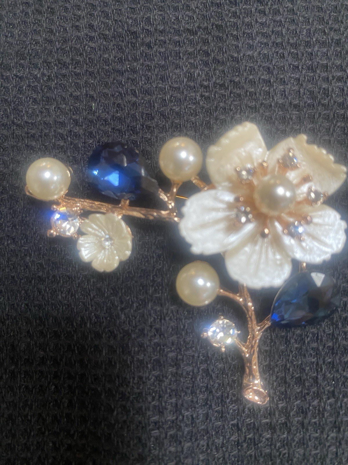 Gold Tone Flower Branch Brooch Pin Faux Pearl White & Blue Crystal 2.5” NWB