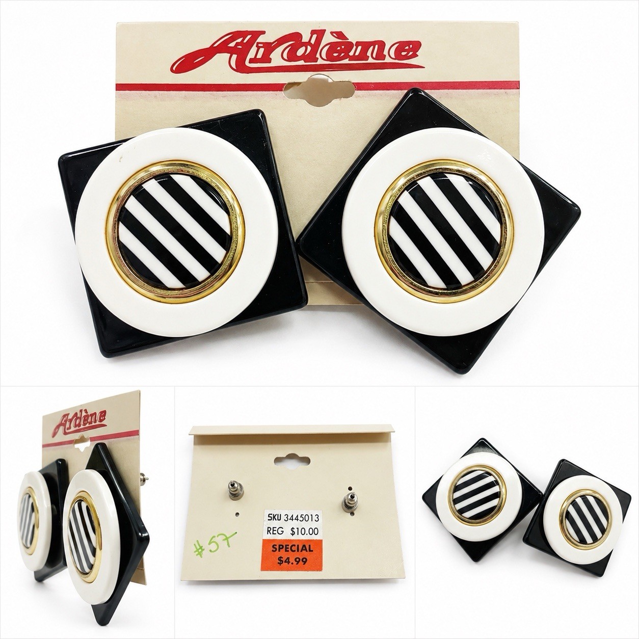 Ardene Earrings Black White Striped Geometric Studs Retro 80s Style NWT