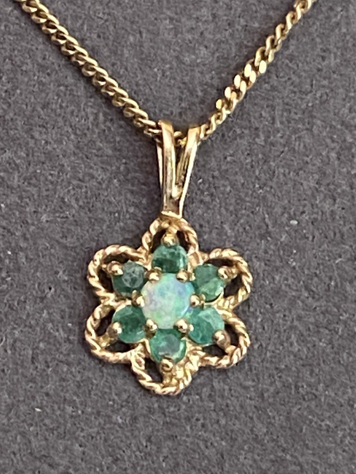 Vintage 9 Carat Yellow Gold Opal And Emerald Pendant Necklace 18 Inch Chain