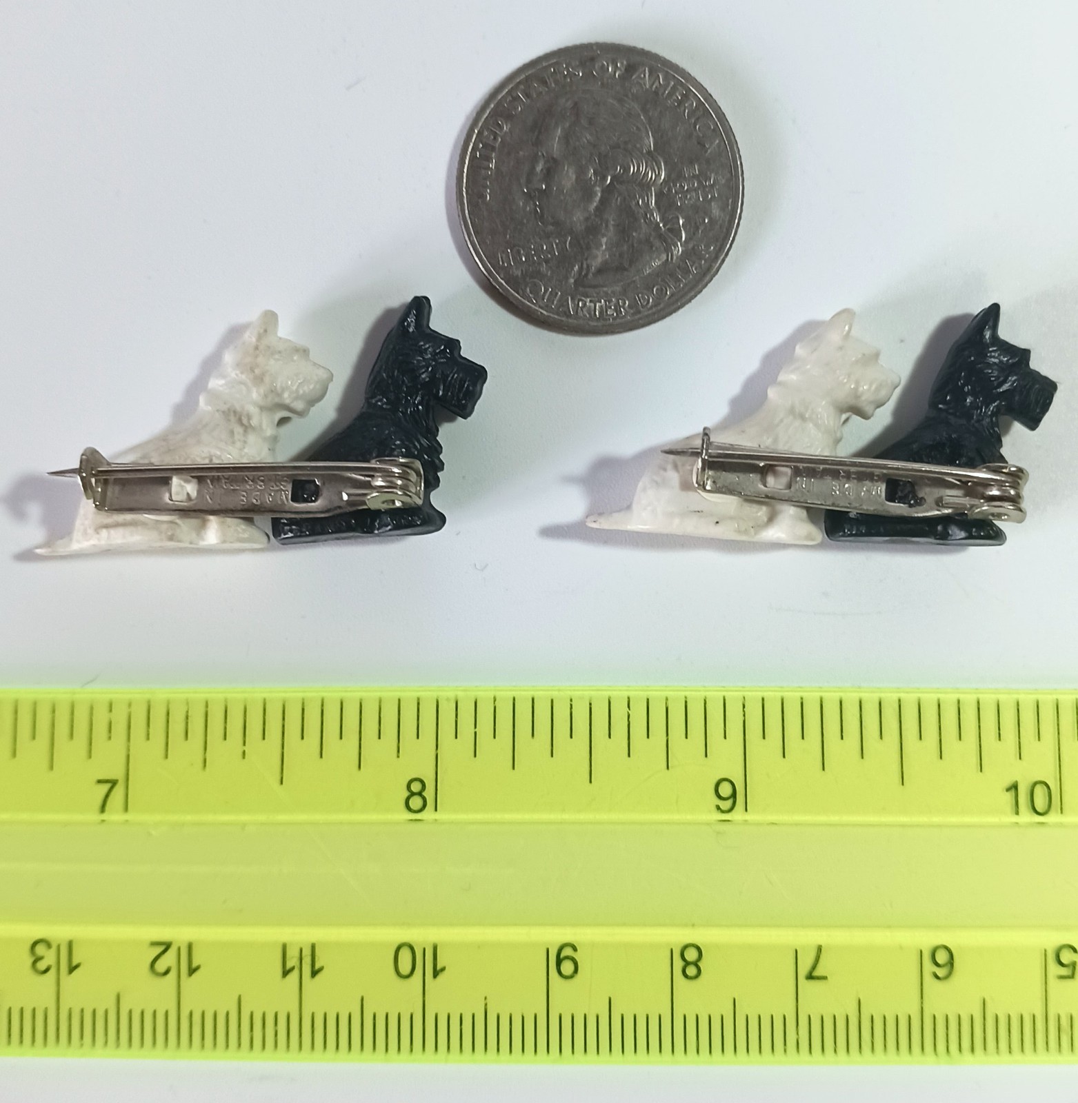 Pair Vtg Great Britain Black & White Scottie Scottish Terrier Dog Brooches