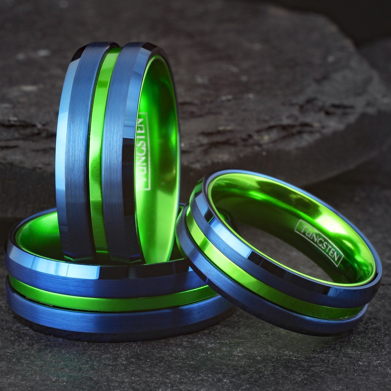 Custom Engraved Mens Blue Tungsten Carbide Green Stripe Band Ring-Seahawks Color