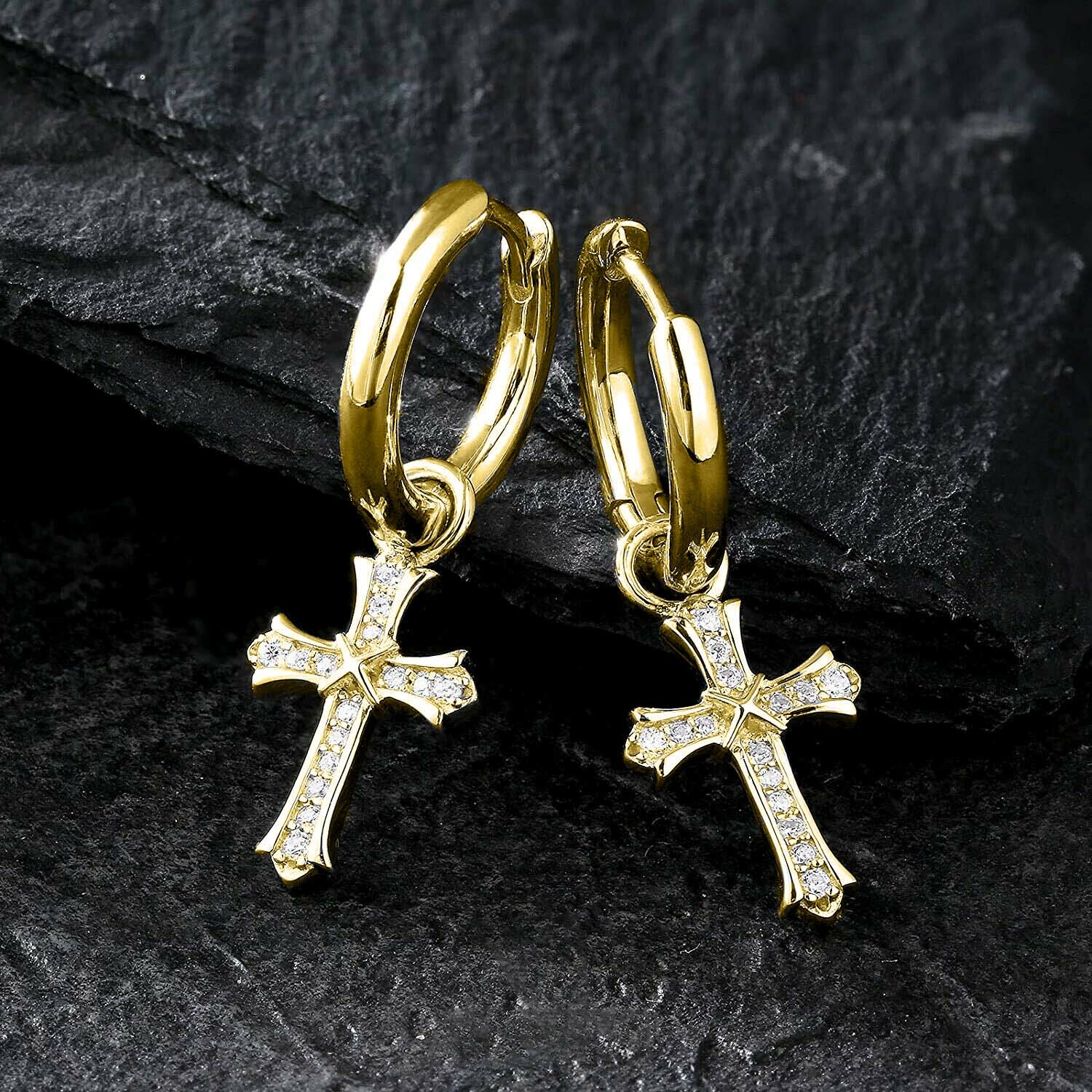 Men & Women 18K Gold Plated CZ Cross Leverback Huggie Hoop Drop Small Earrings
