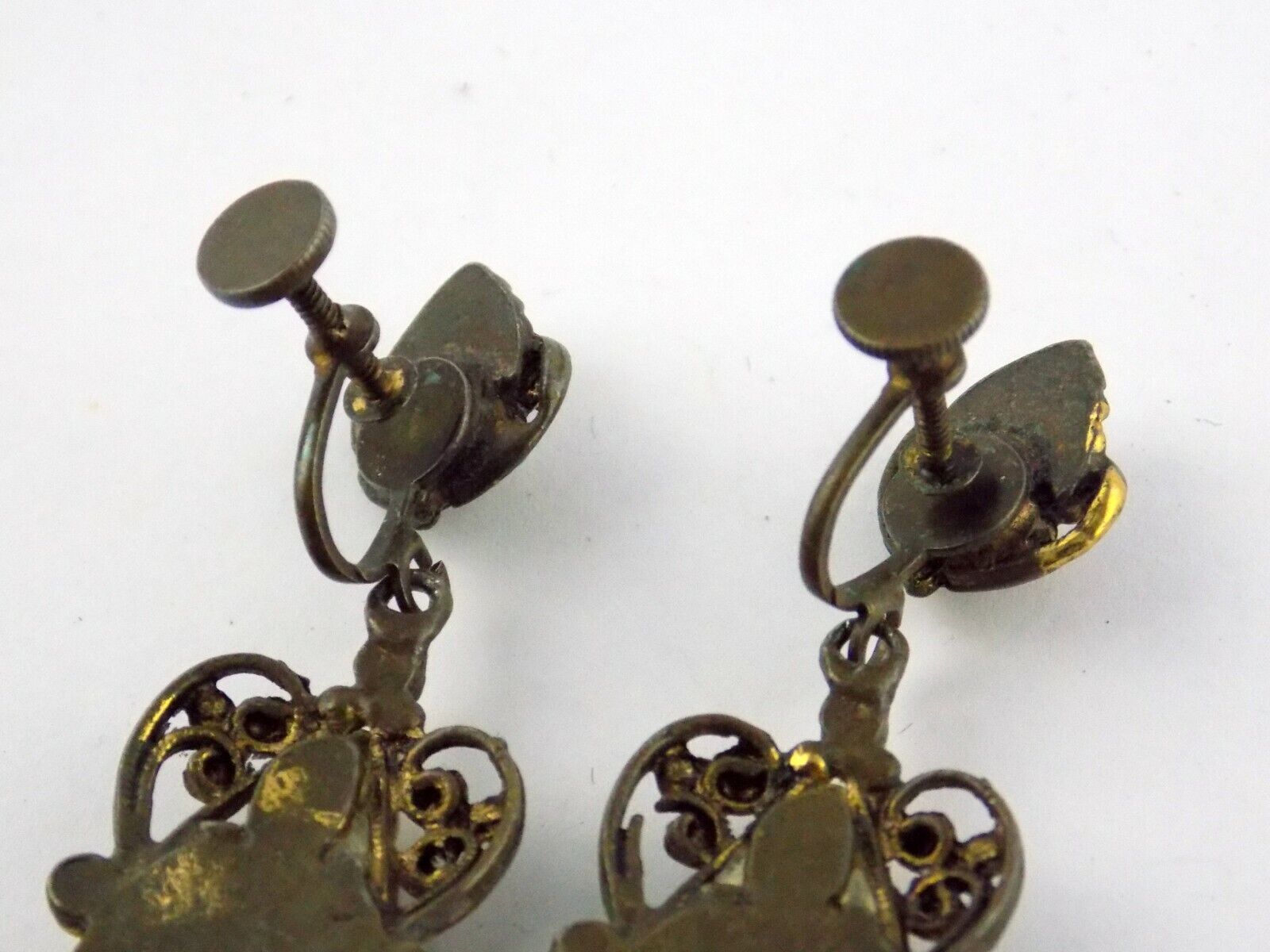 Vintage Painted Brass and Buddha Figurine Screwback Earrings Unsigned Rhinestone