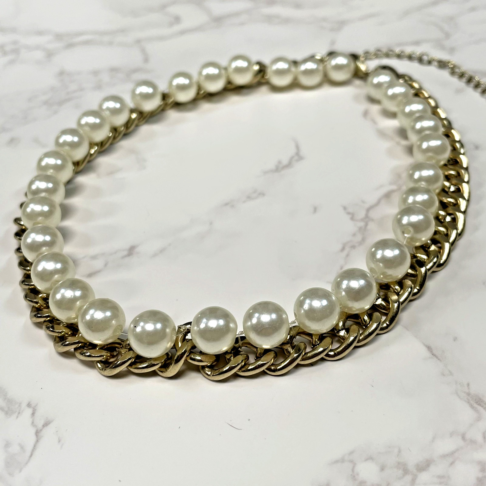 Gold Tone Faux Pearl Curb Chain Choker Necklace Chunky Statement Collar 14″