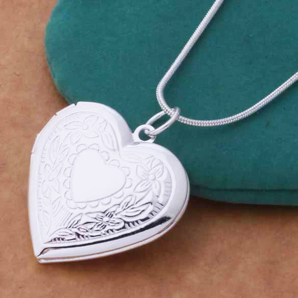 925 Sterling Silver Plated Heart Necklace, Locket Photo Picture Pendant 18″ N1