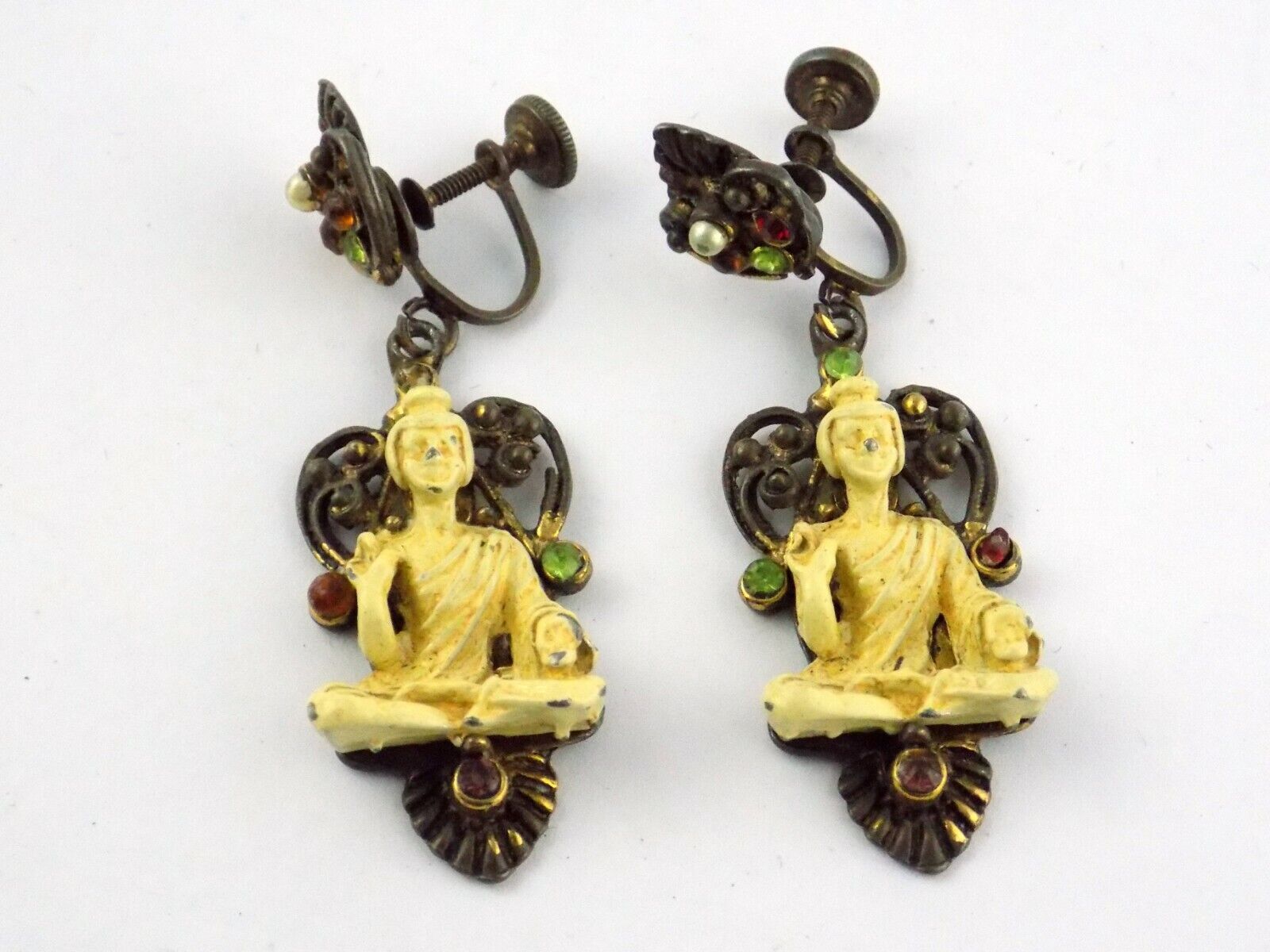 Vintage Painted Brass and Buddha Figurine Screwback Earrings Unsigned Rhinestone