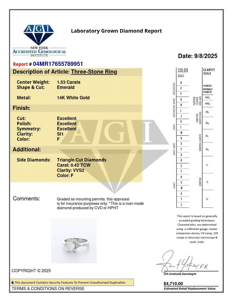 3-Stone Engagement Ring 14K Gold Classic 1.95 CT Emerald Lab-Grown Diamond F SI1