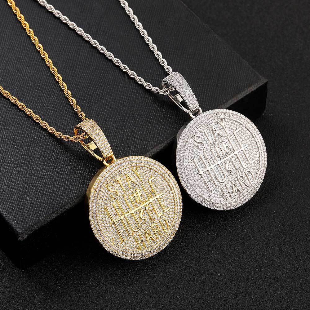 Hip Hop Big Round Letter Pendant Necklace Bling Full Zircon Real Gold Plated