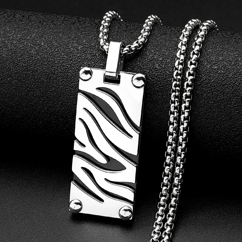 Hip Hop Stainless Steel Two-Tone Hollow Geometric Zebra Print Dog Tag Pendant Ne