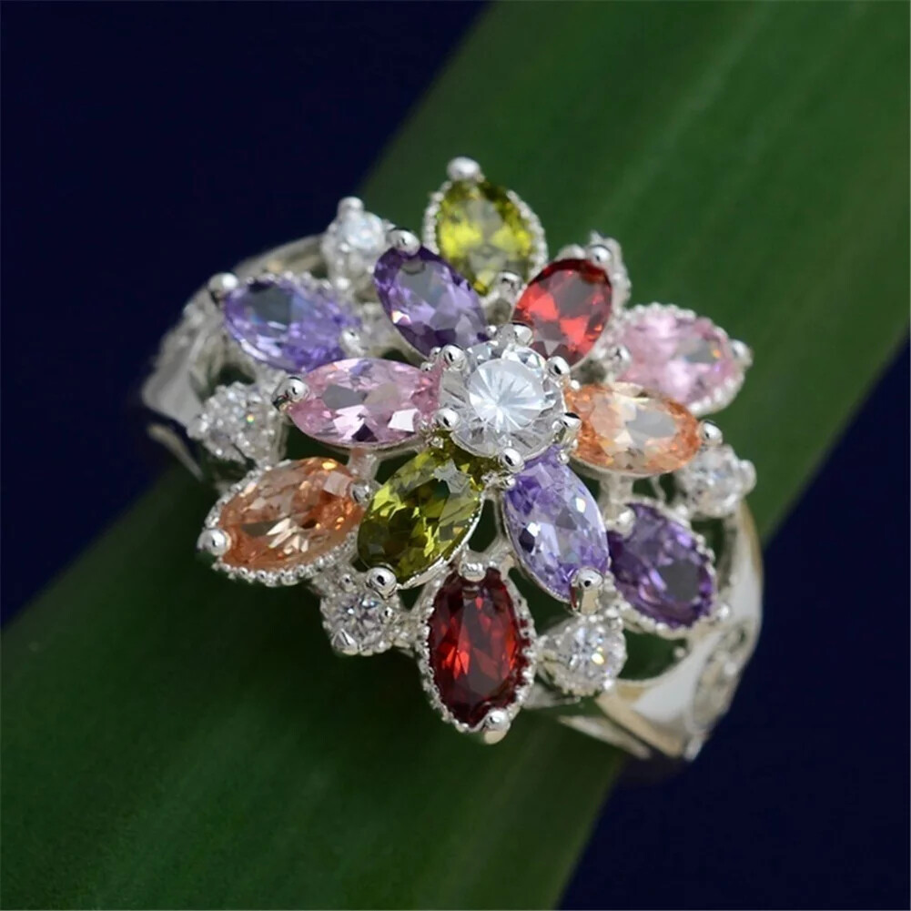 Assorted color Women Shiny Zircon Flower ring size 6, 7, 9