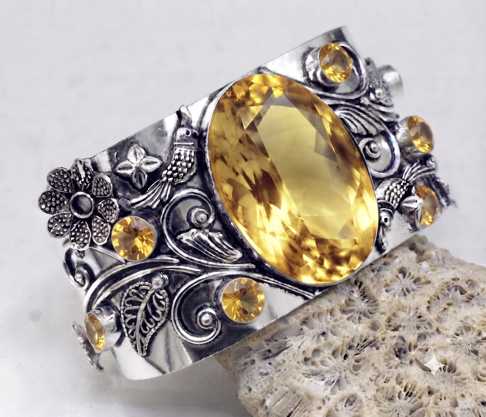 Yellow Citrine Cuff Bracelet 925 Sterling Silver Handmade Gemstone Jewelry ADJ”