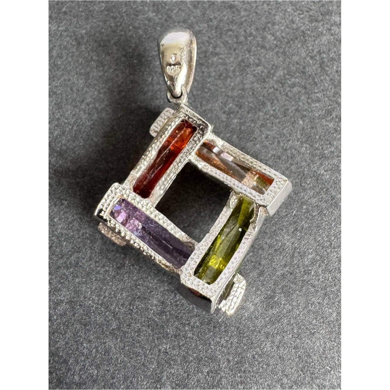 Vintage Sterling Silver Crystal 3D Pendant Colorful Geometric Necklace