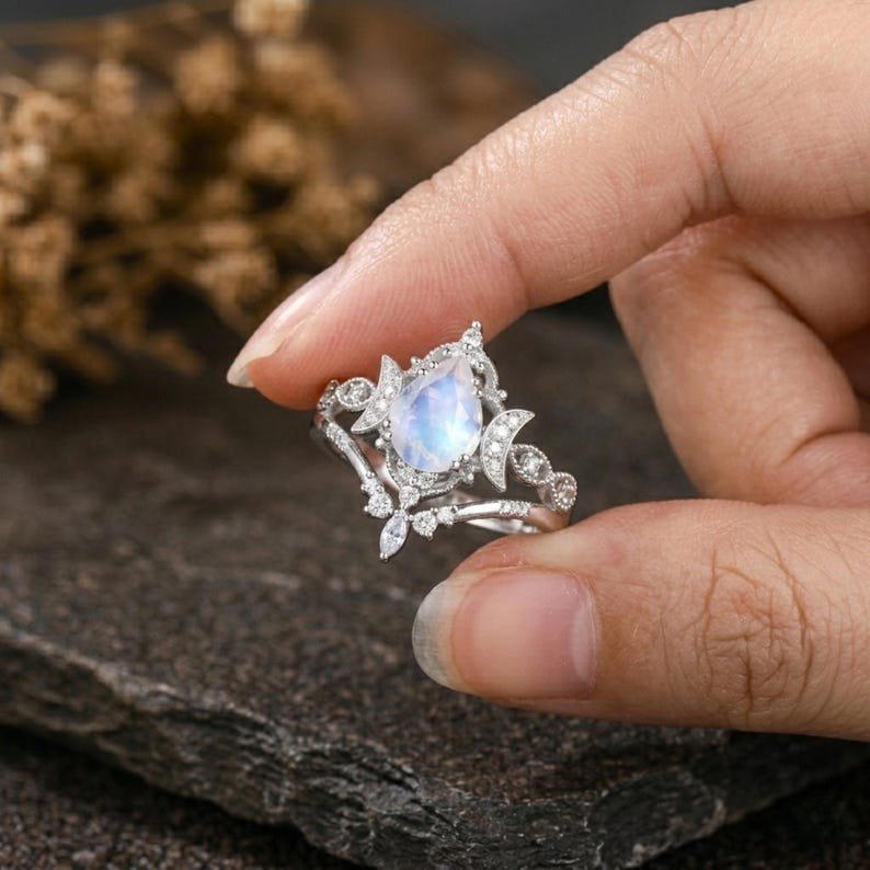 Art Deco Natural Pear Cut Moonstone 14k White Gold Plated Silver Engagement Ring