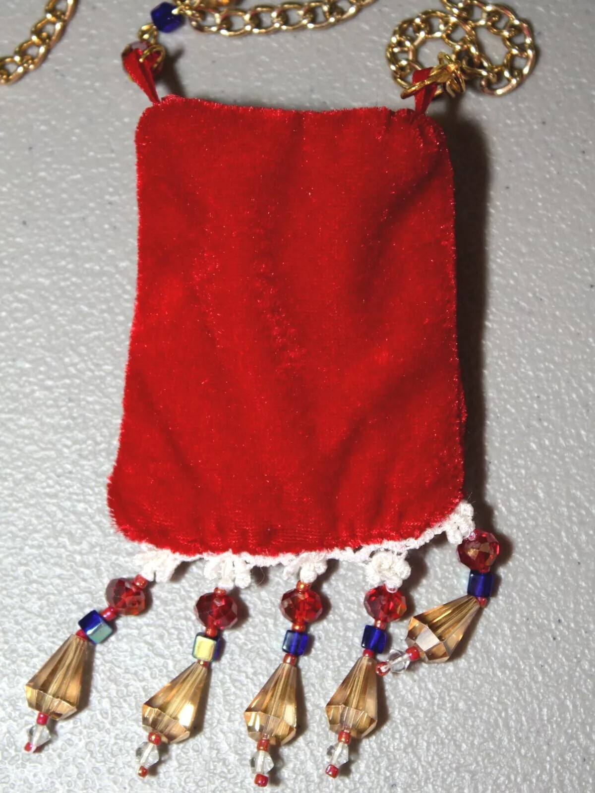 BOHO Handmade Amulet Healing Crystal Key Pouch Necklace Red Beaded Velvet OOAK