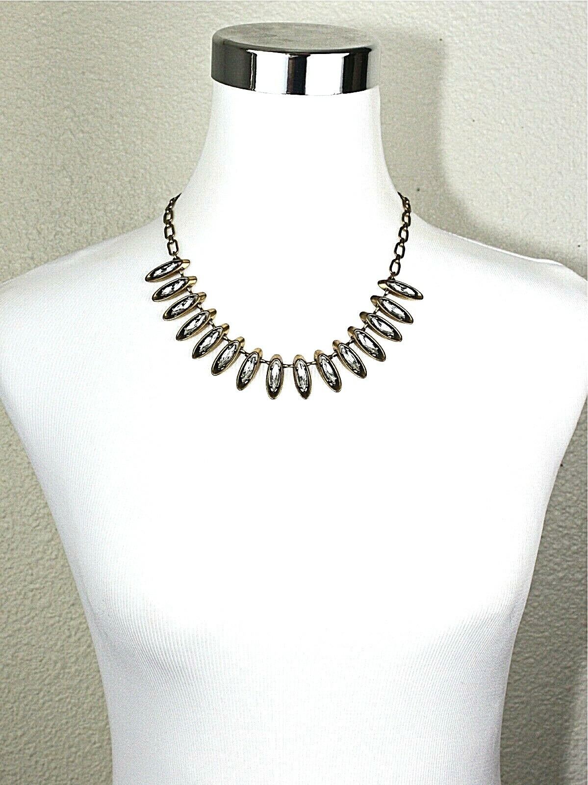J CREW Necklace 20″ Gold Tone Chains & Links Clear Rhinestones Statement Jewelry