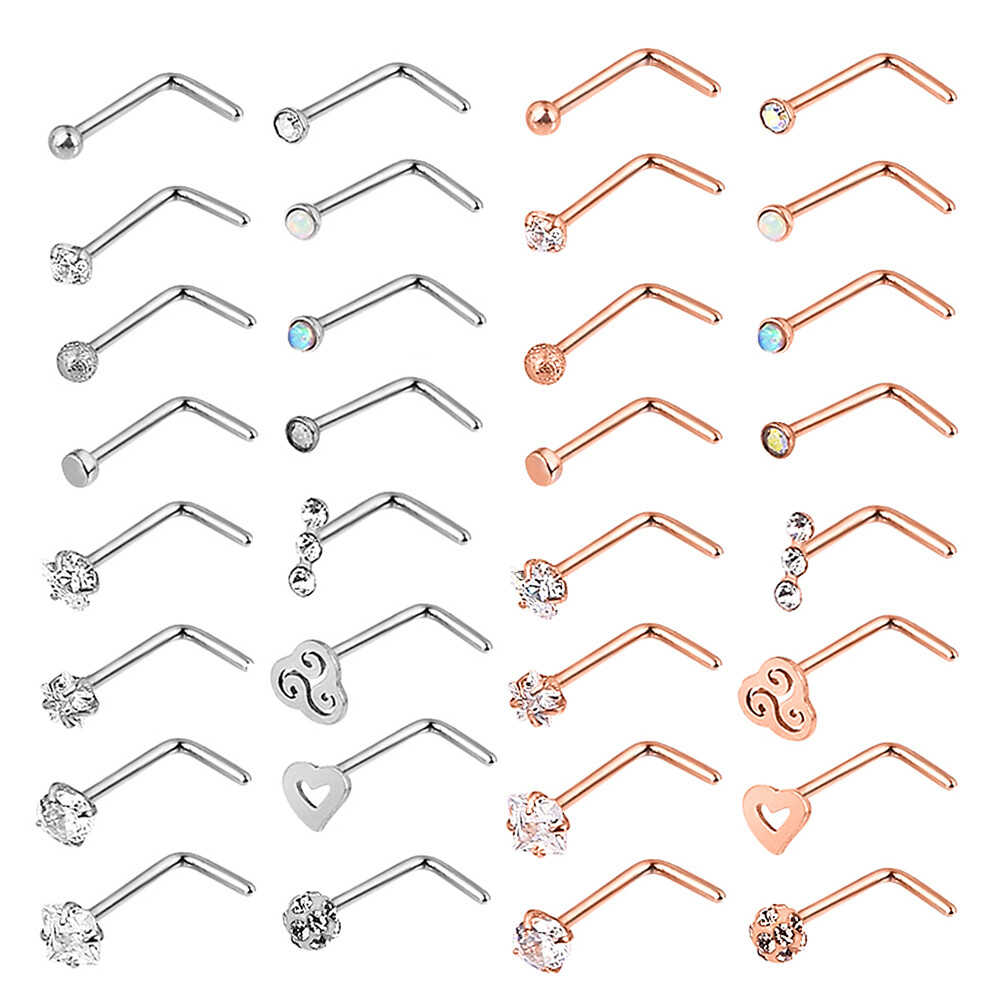 16Pcs Curved Nose Stud Surgical Steel Nose Ring Crystal L Bend Stud Piercing 20G