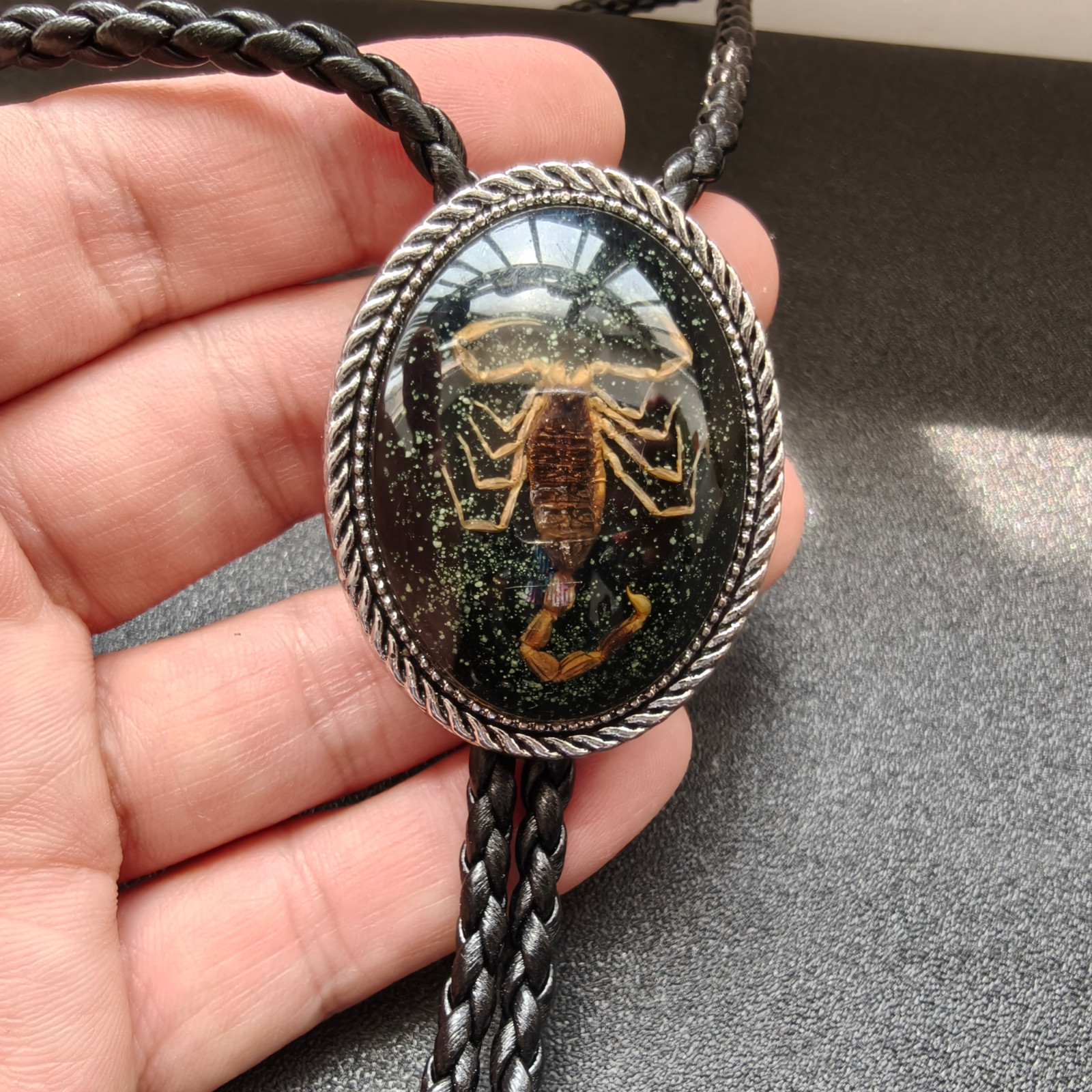 Black Scorpion Bolo Tie – Faux Leather Western Gothic Wedding Necklace Necktie