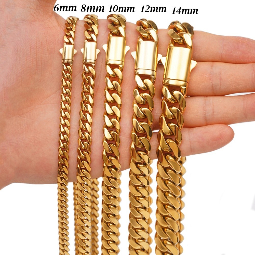 6-14mm Mens Miami Curb Chain 18k Gold Tone Stainless Steel Necklace High Quality