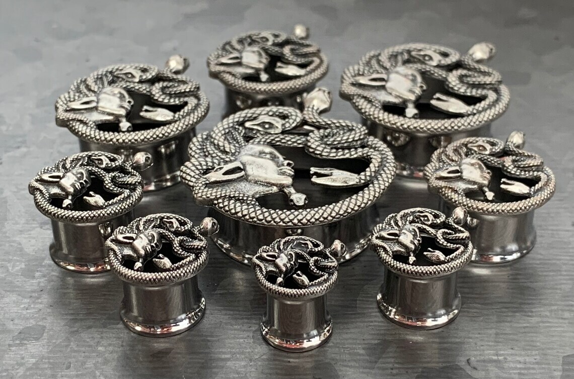 PAIR Medusa Steel Double Flare Tunnels Plugs Snake Gorgo Gorgan Earlet Gauges
