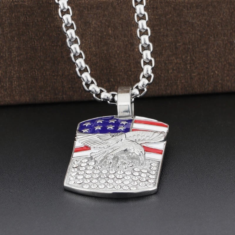 Silver American Flag Eagle Dog Tag Pendant Stainless Steel Patriotic Necklace