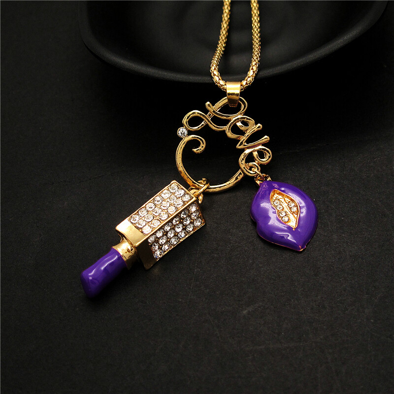 Fashion Women Love Purple Enamel Lips Lipstick Crystal Pendant Chain Necklace