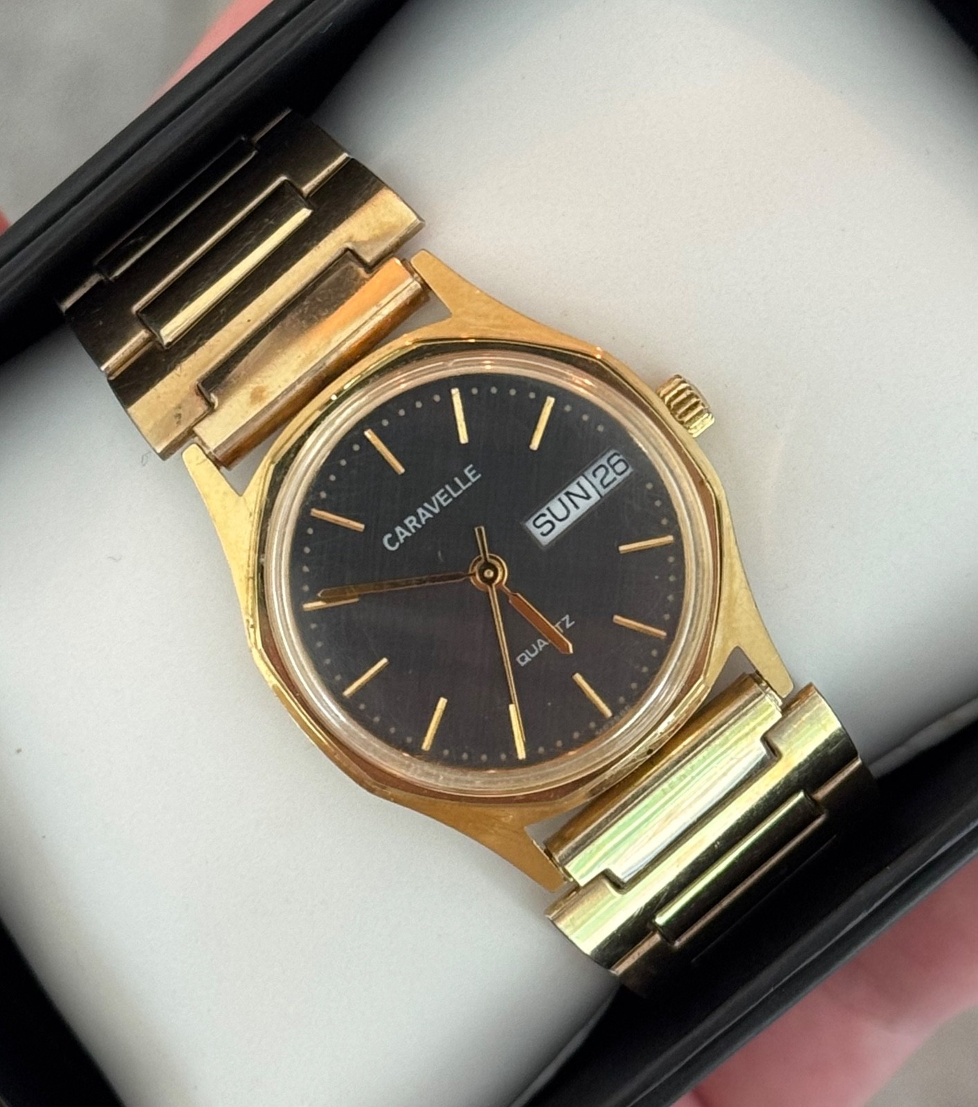 Vintage 1983 Caravelle (by Bulova) Day/Date Quartz Watch w/Box & Cushion – RUNS!