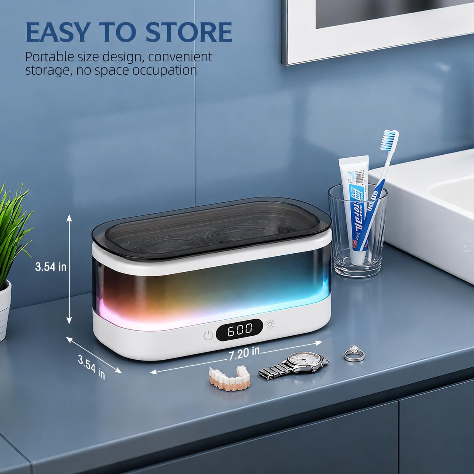 Ultrasonic Jewelry Cleaner 48KHz with RGB Lights, 350ML Stainless Steel Tank, Du