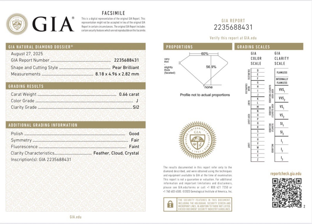 GIA Certified 0.66ct J/SI2 Laser Inscribed Pear Brilliant Cut Loose Diamond
